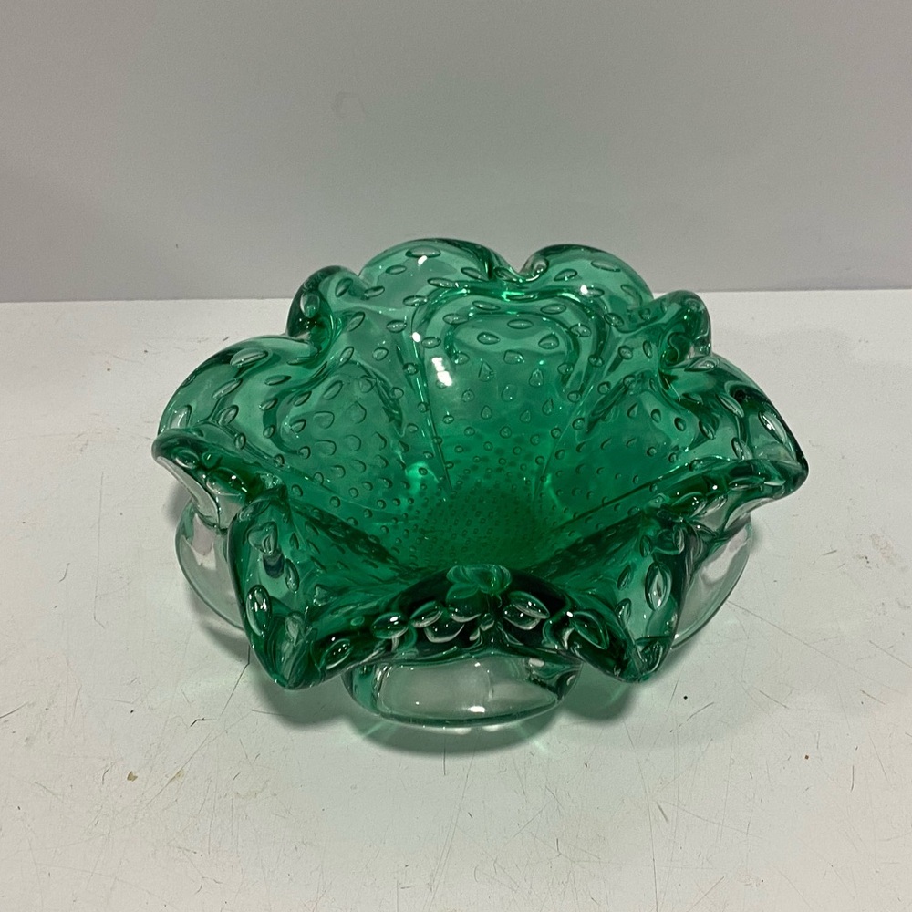 "Murano" Style Ruffle Edged Bubble Glass Ashtray Trinket Dish 7” Diameter Green